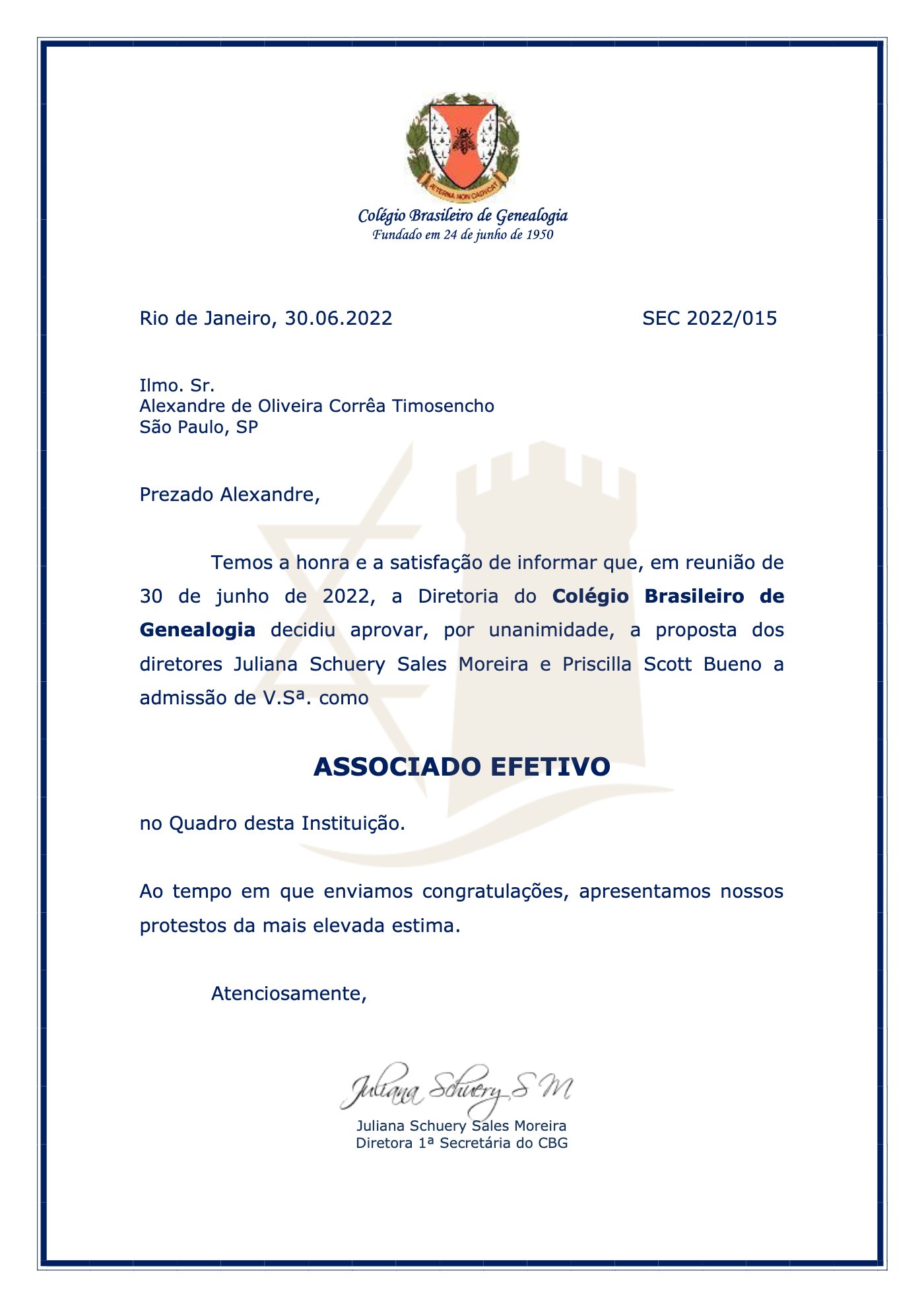 Ofício de ingresso no Colégio Brasileiro de Genealogia
