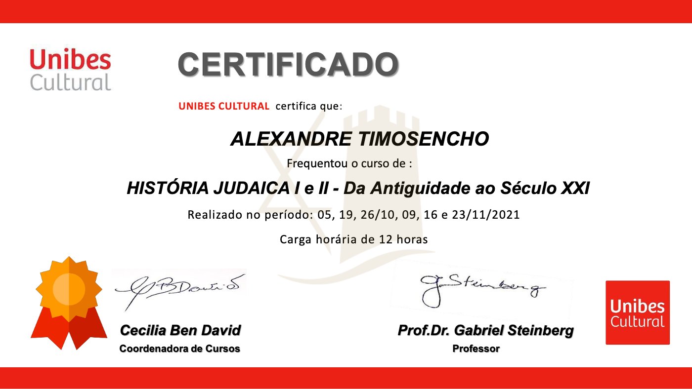 Certificado Unibes Cultural — História Judaica I e II