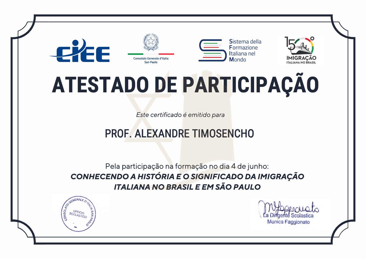 Atestado de participação — Consulado-Geral da Itália em São Paulo