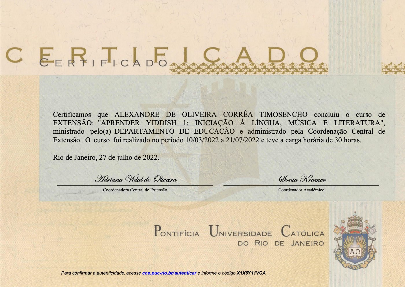 Certificado PUC-Rio — Aprender Yiddish 1