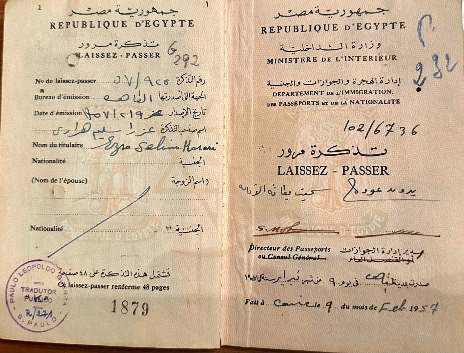 Laissez-passer egípcio aberto, Cairo, 1957